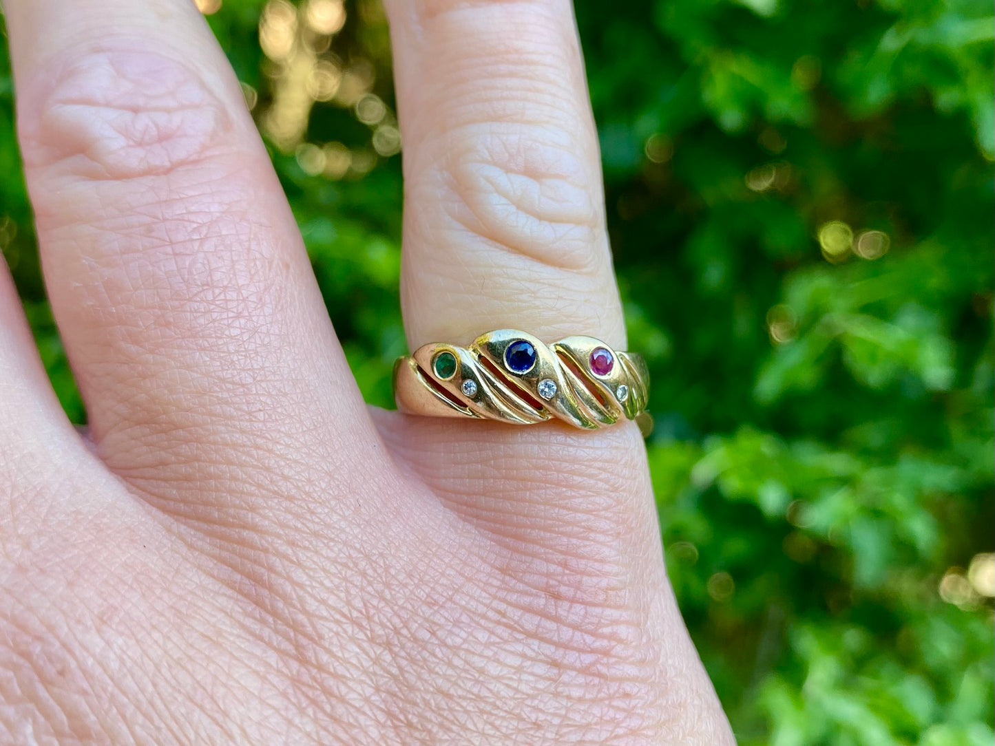 9ct Gold Emerald, Sapphire, Ruby & Diamond Ring