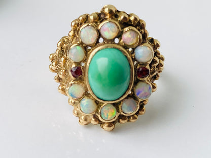 Vintage 9ct Gold Turquoise, Opal & Garnet Ring