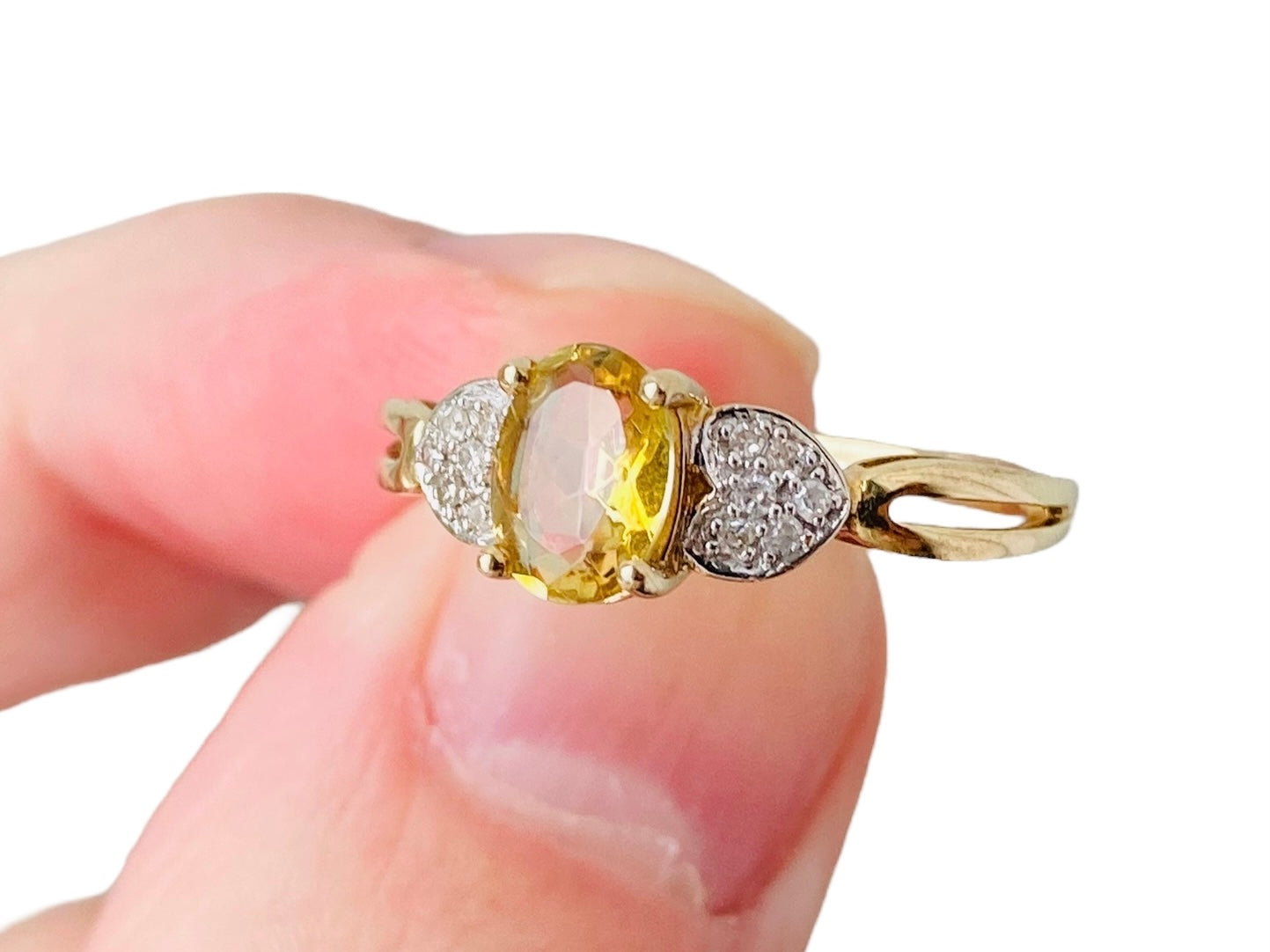 9ct Gold Yellow Fluorite & Diamond Ring