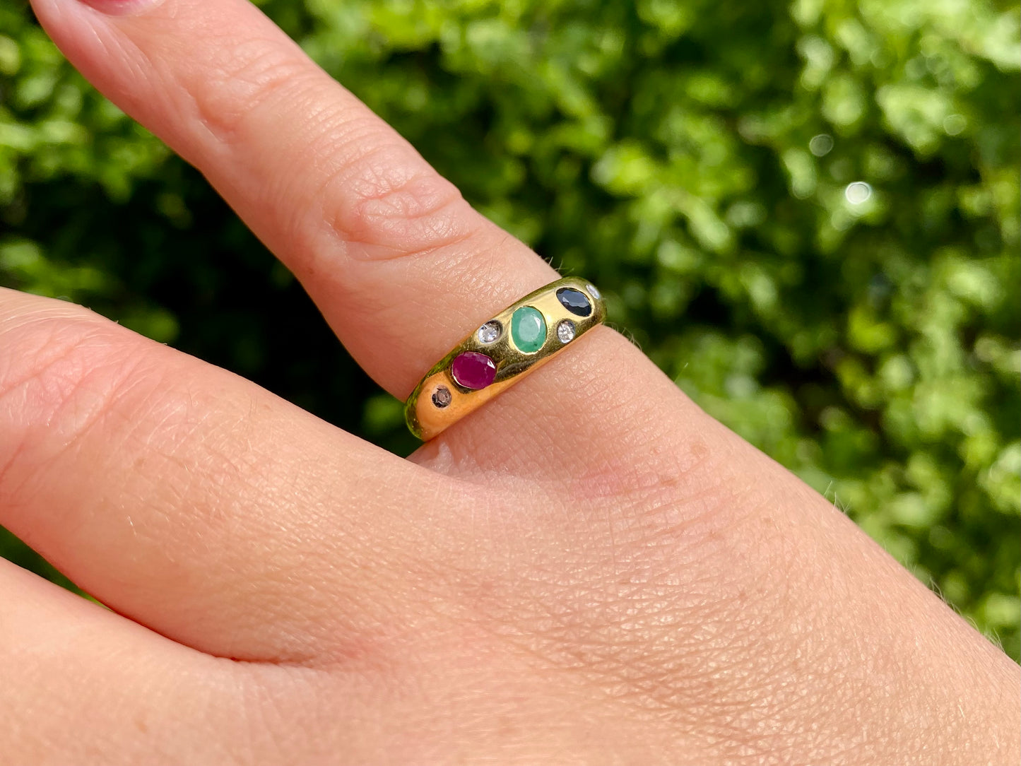 14ct Gold Emerald, Ruby, Sapphire & Diamond Ring