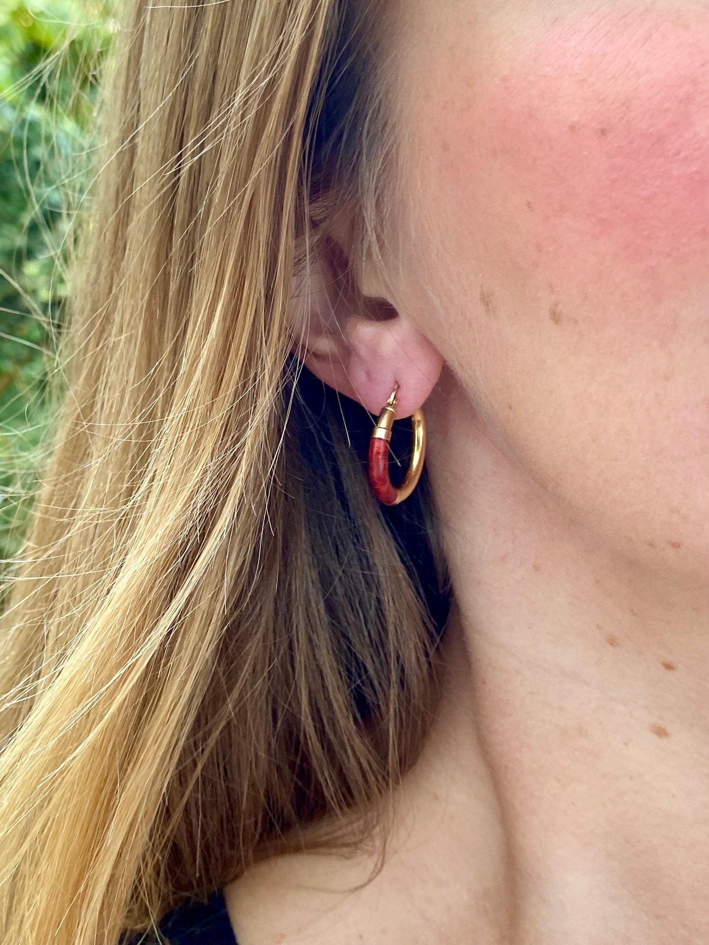 9ct Gold Red Enamel Hoop Earrings
