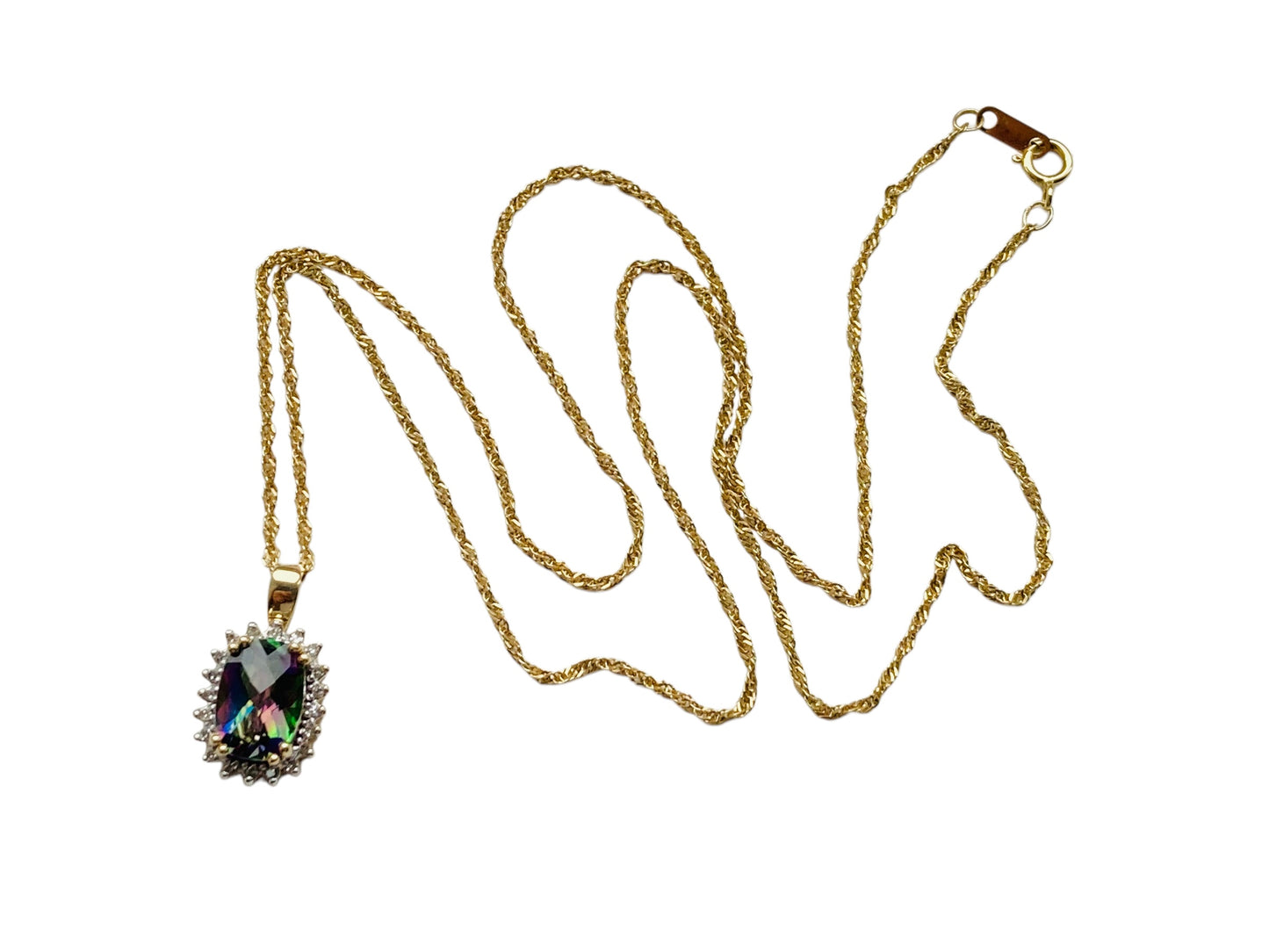 14ct Gold Mystic Topaz & Diamond Pendant With Necklace