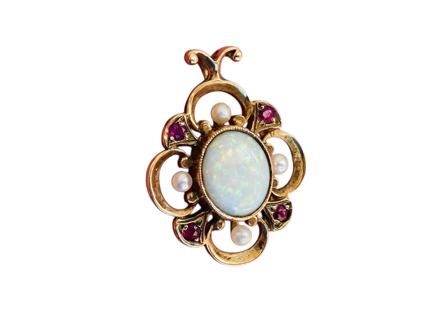 Vintage 9ct Gold Opal,Ruby & Pearl Pendant