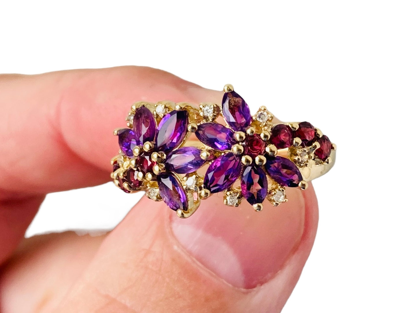 9ct Gold Amethyst, Garnet & Diamond Ring