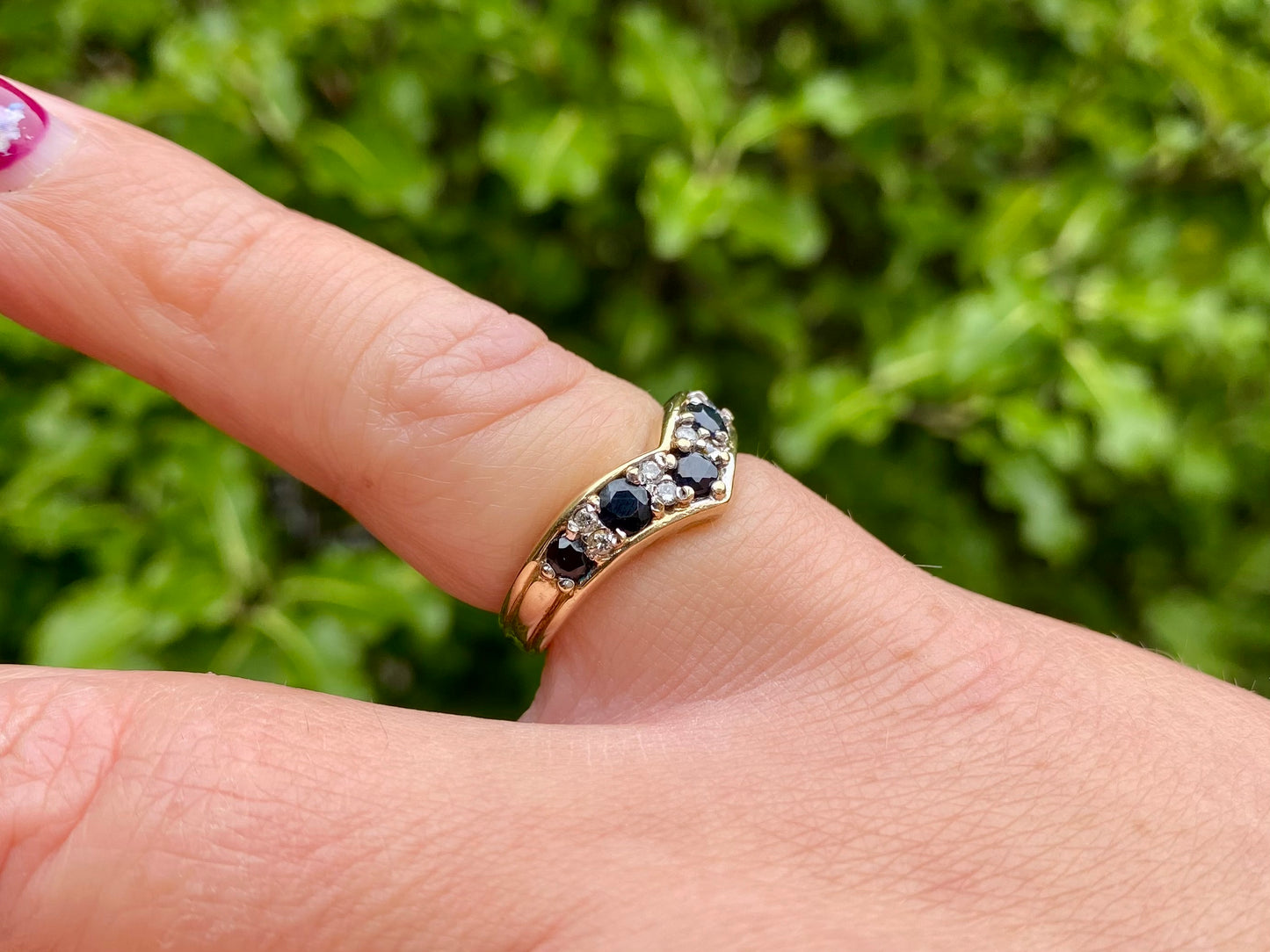 9ct Gold Sapphire & Diamond Wishbone Ring