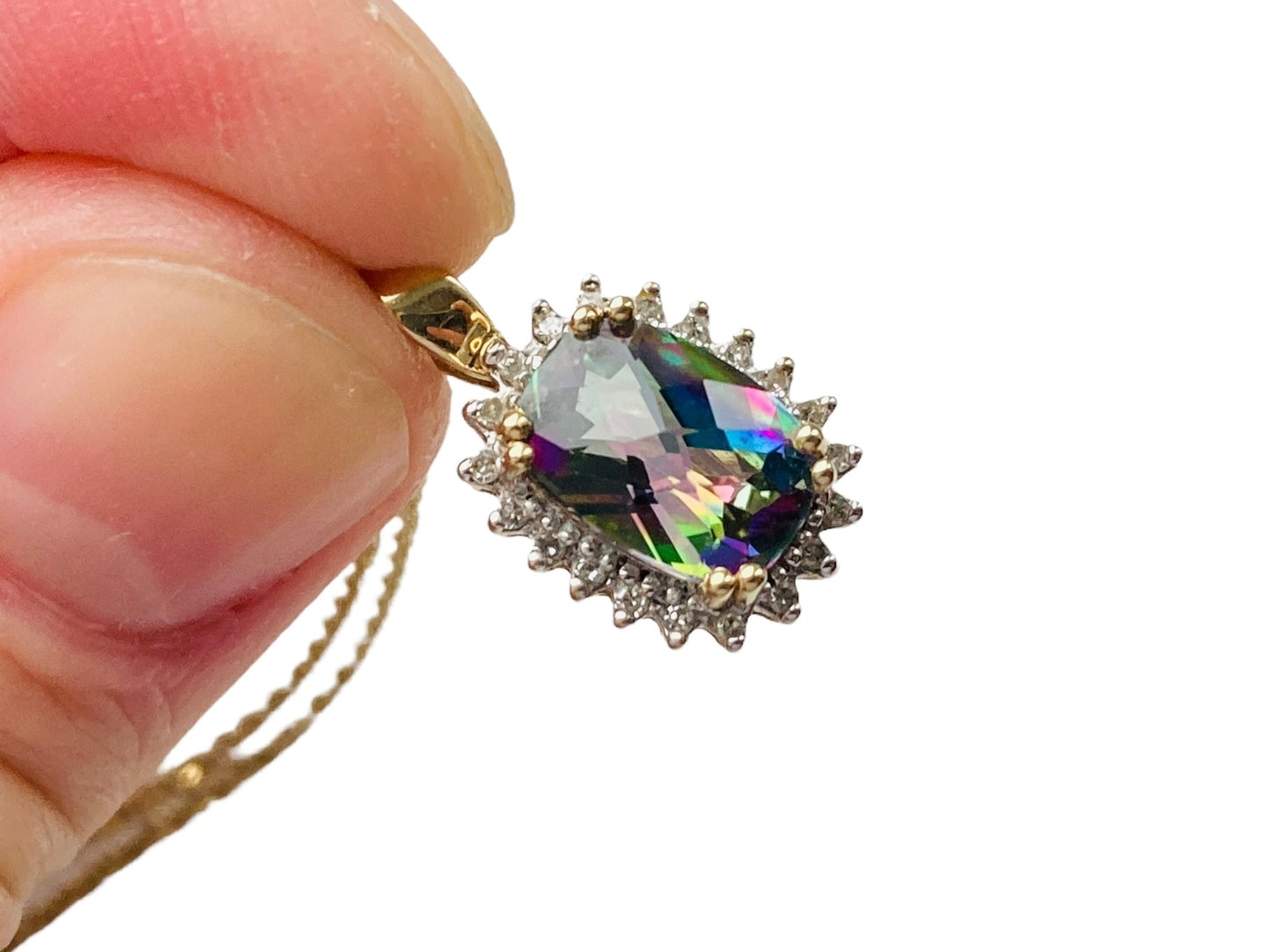 14ct Gold Mystic Topaz & Diamond Pendant With Necklace