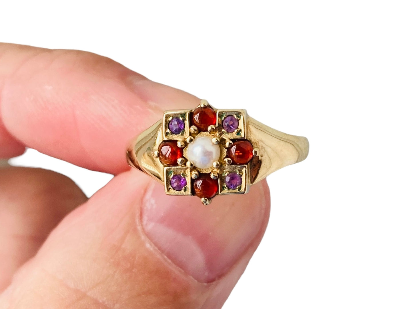 9ct Gold Garnet, Pearl & Amethyst Ring