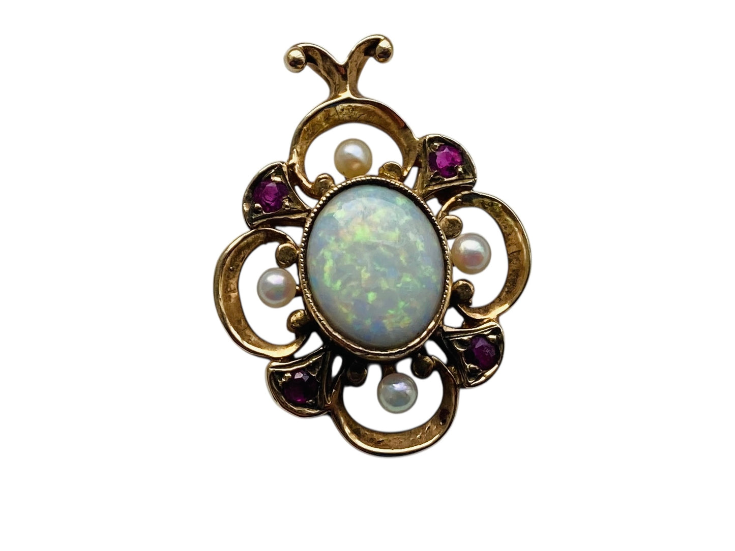 Vintage 9ct Gold Opal,Ruby & Pearl Pendant