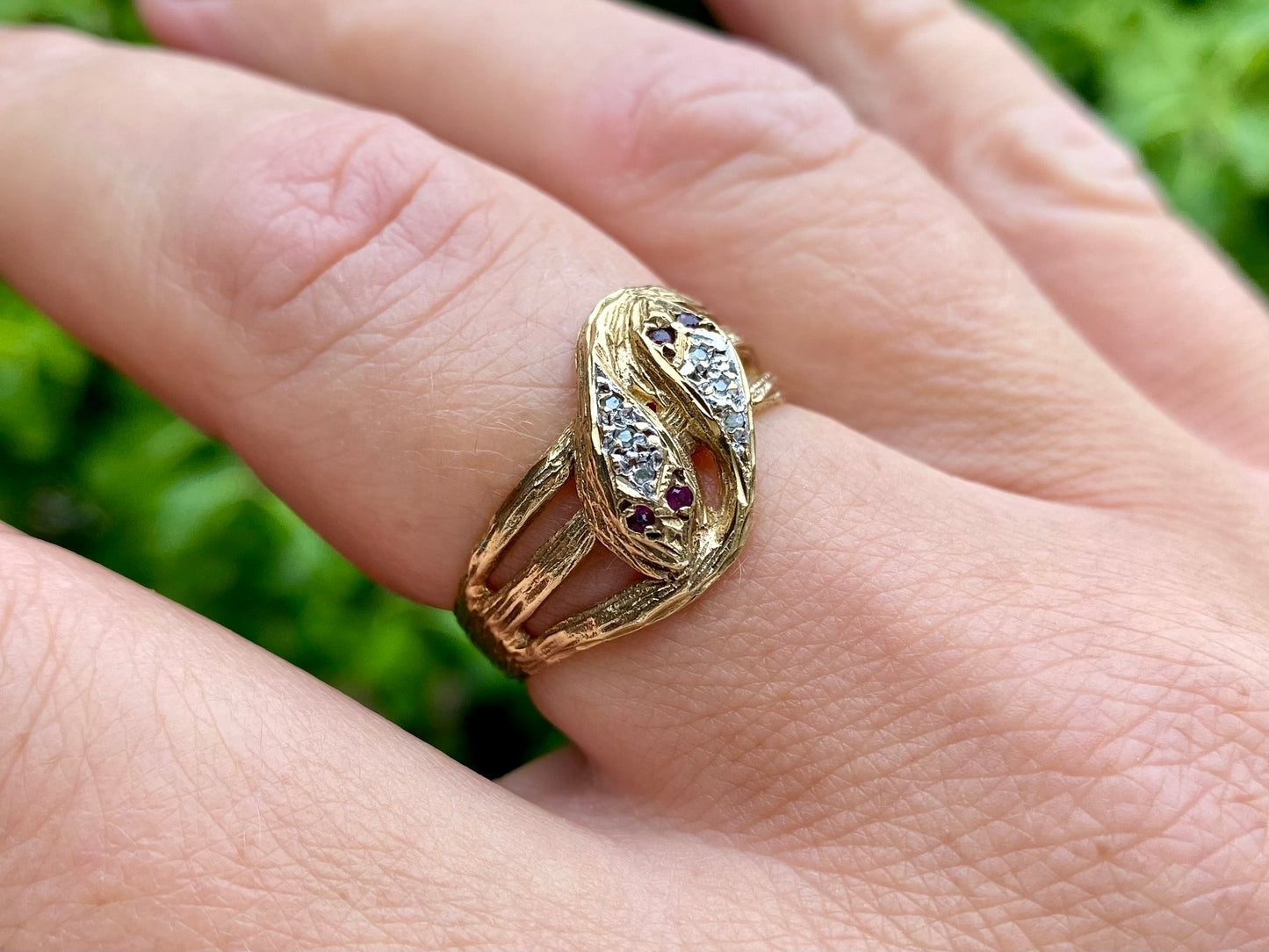Vintage 9ct Gold Ruby & Diamond Snake Ring