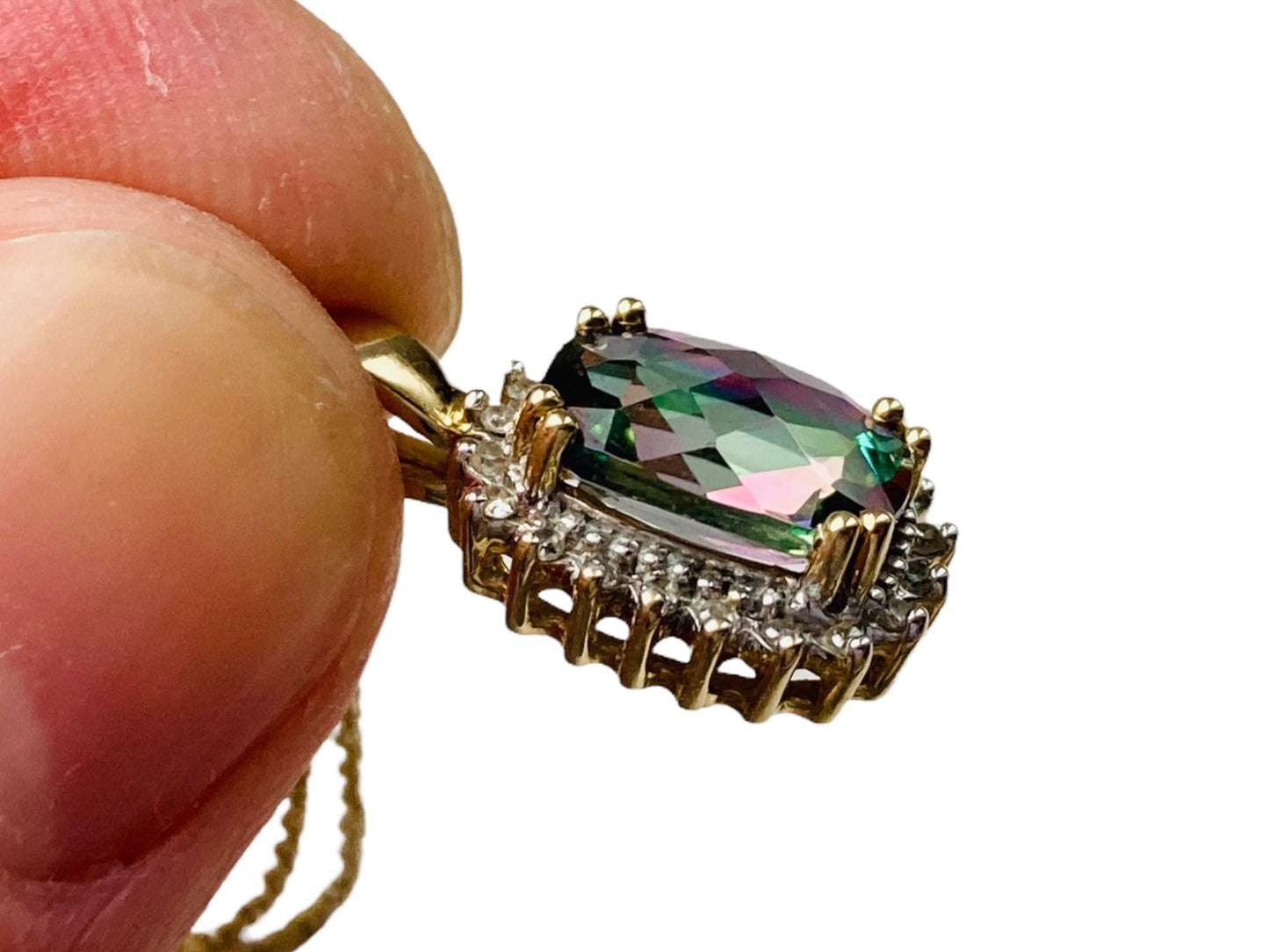 14ct Gold Mystic Topaz & Diamond Pendant With Necklace