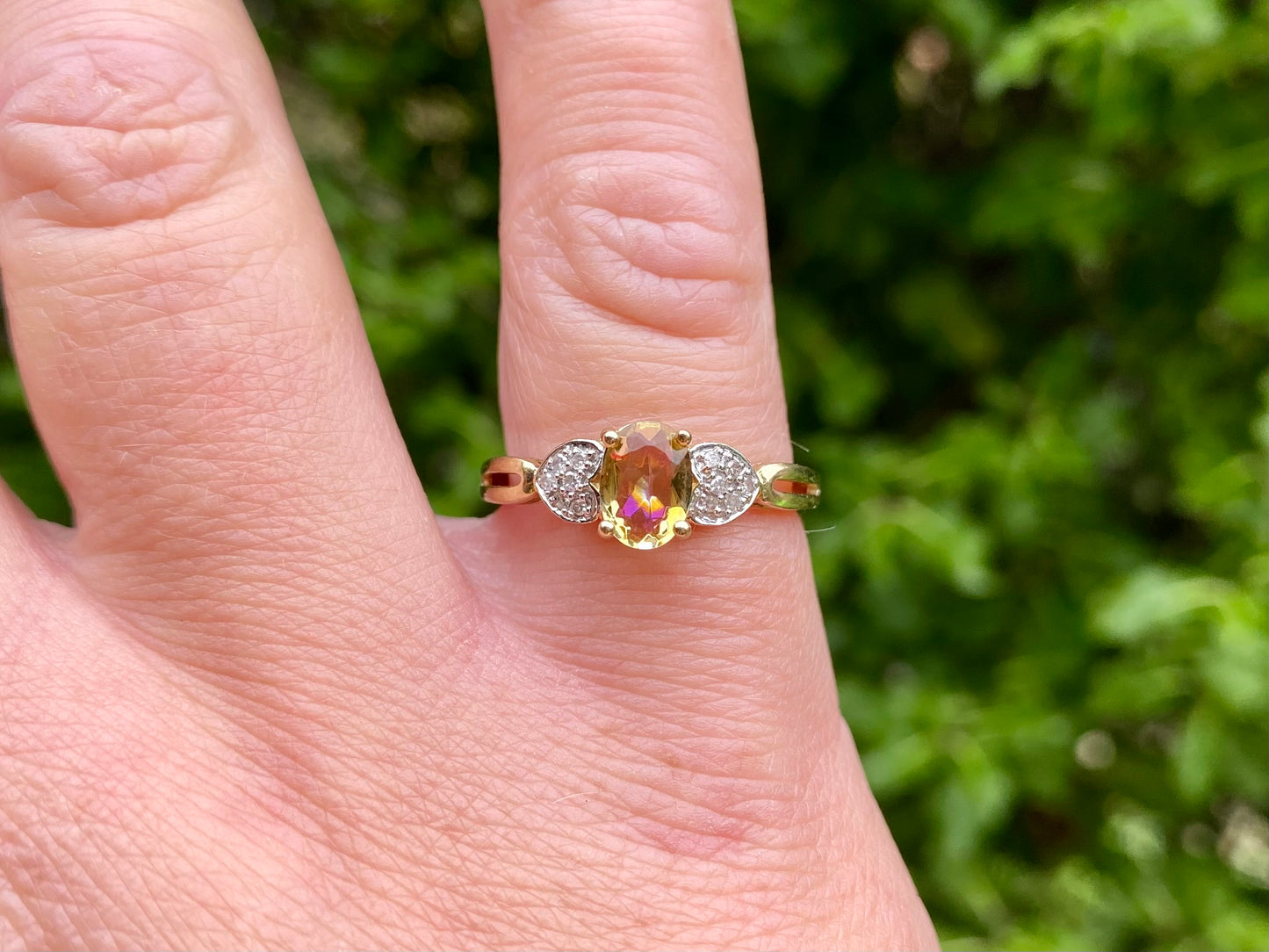 9ct Gold Yellow Fluorite & Diamond Ring
