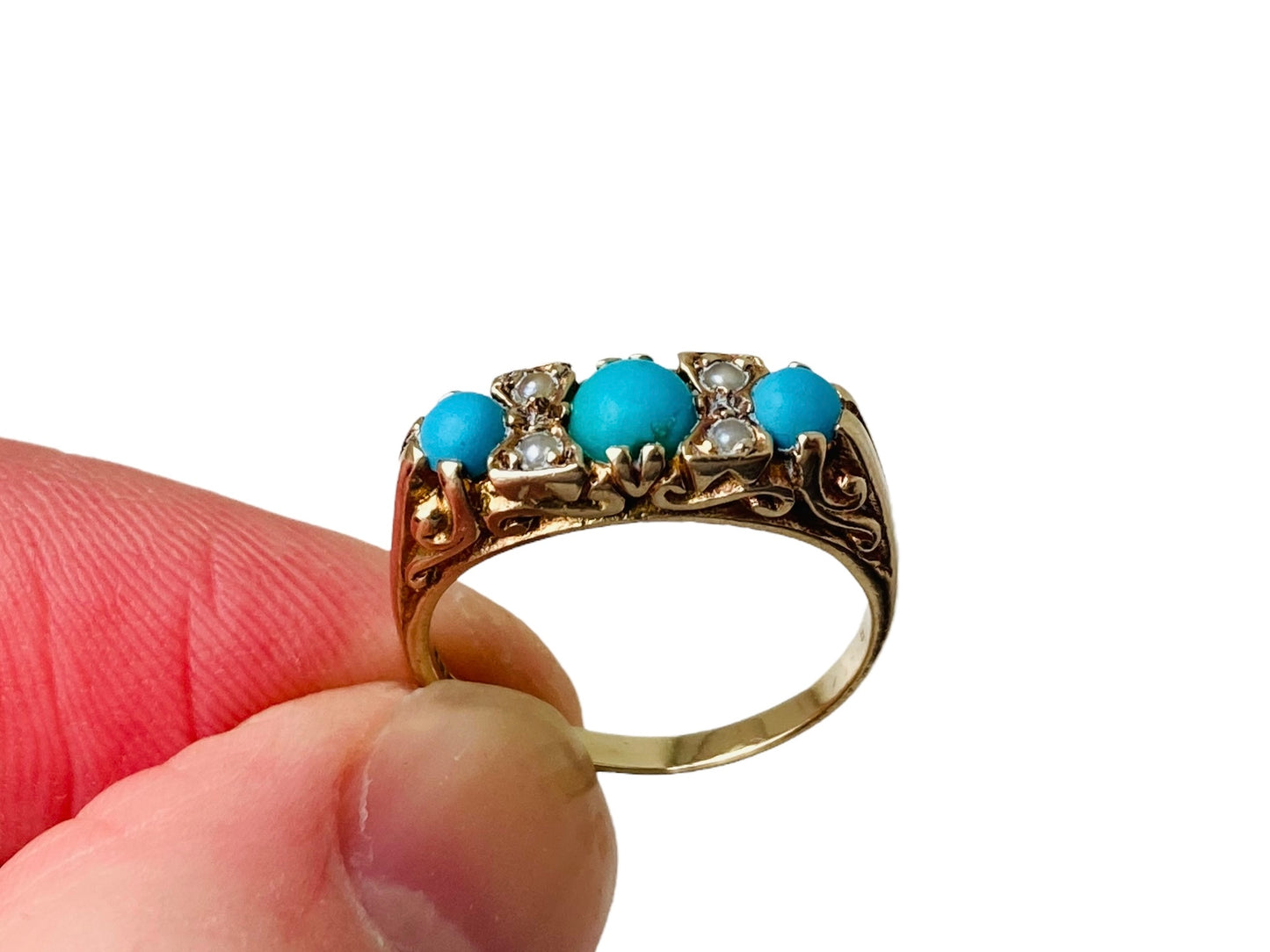 Vintage 9ct Gold Turquoise & Pearl Ring