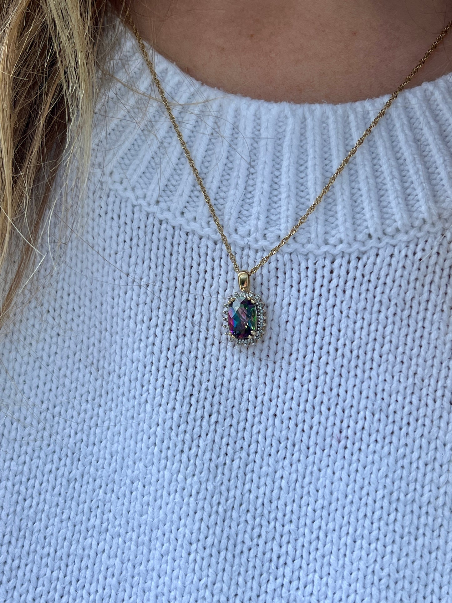 14ct Gold Mystic Topaz & Diamond Pendant With Necklace