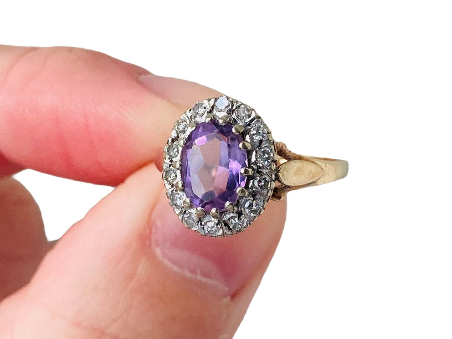 Vintage 9ct Gold Amethyst & Diamond Ring