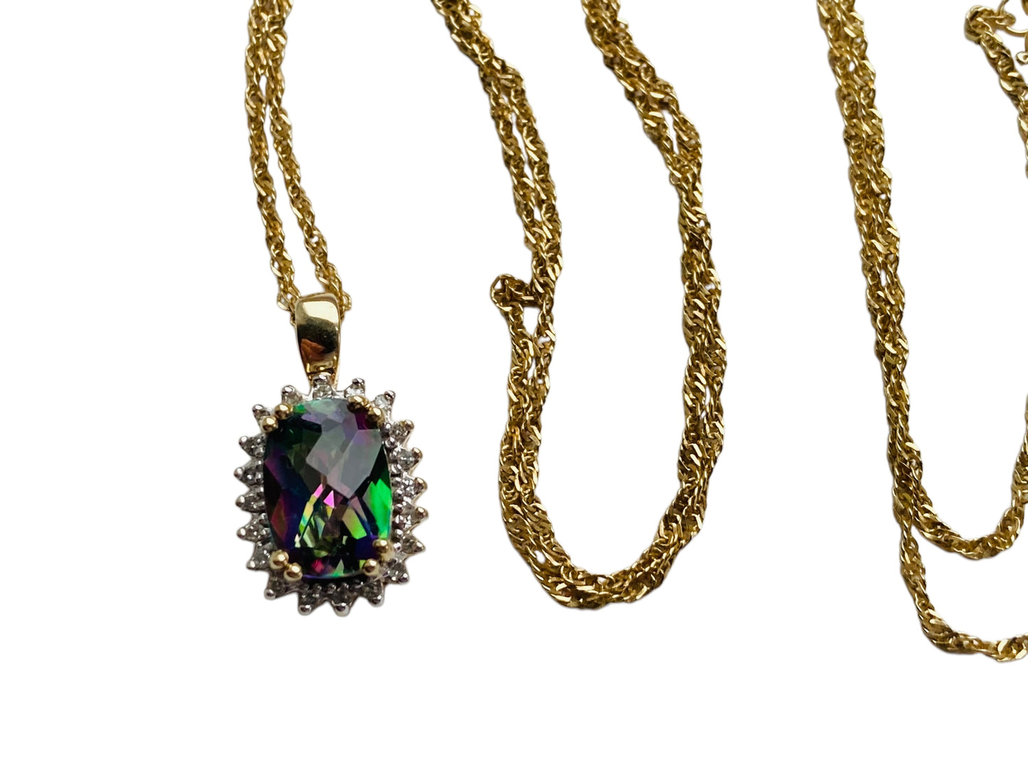 14ct Gold Mystic Topaz & Diamond Pendant With Necklace