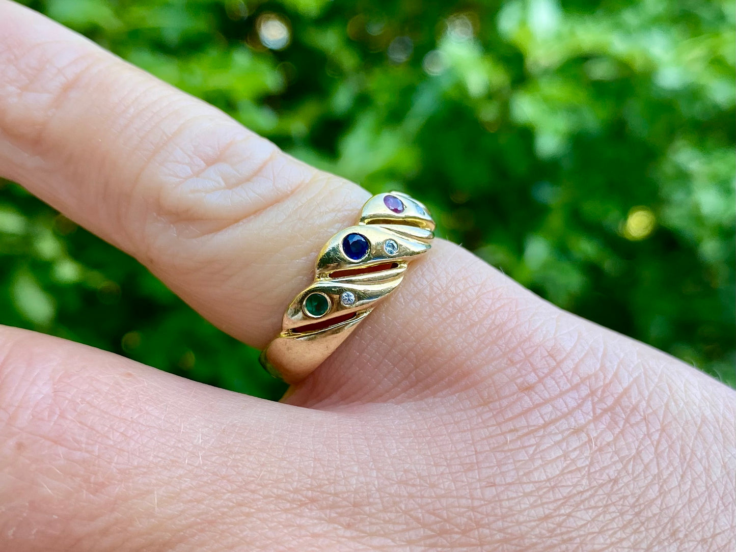 9ct Gold Emerald, Sapphire, Ruby & Diamond Ring