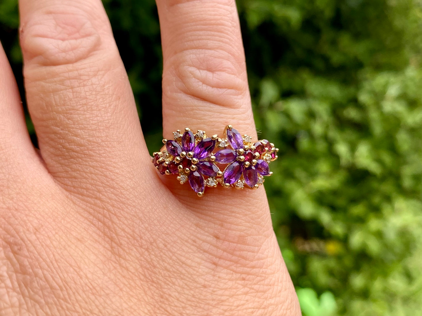 9ct Gold Amethyst, Garnet & Diamond Ring