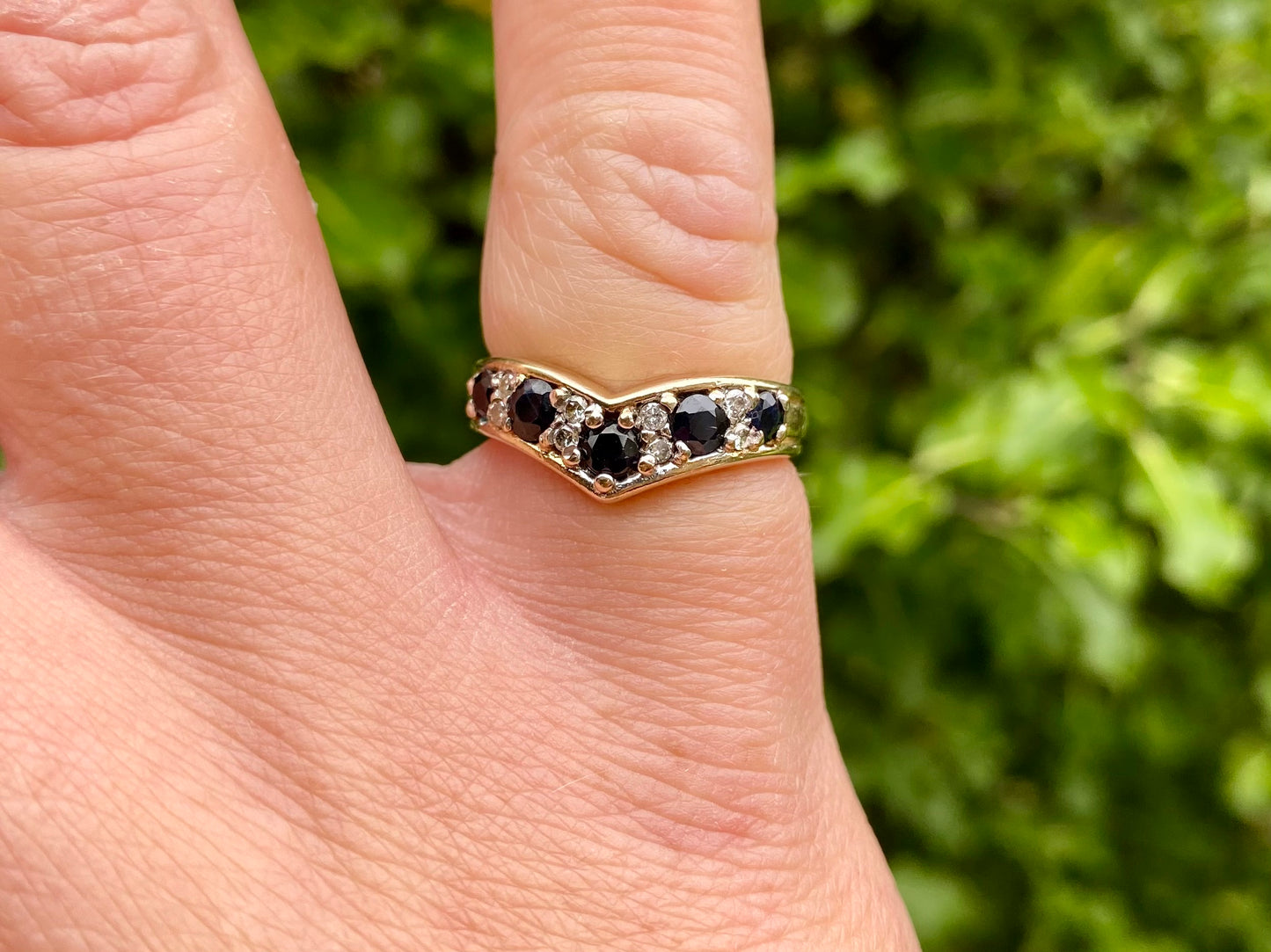 9ct Gold Sapphire & Diamond Wishbone Ring