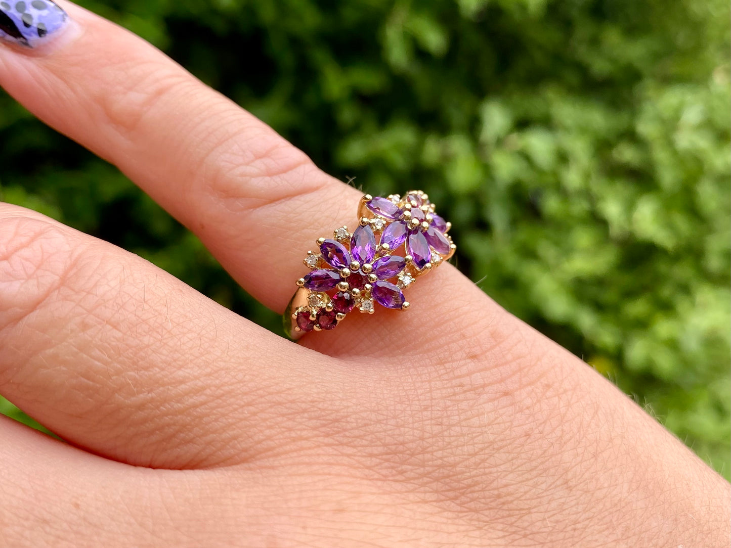 9ct Gold Amethyst, Garnet & Diamond Ring