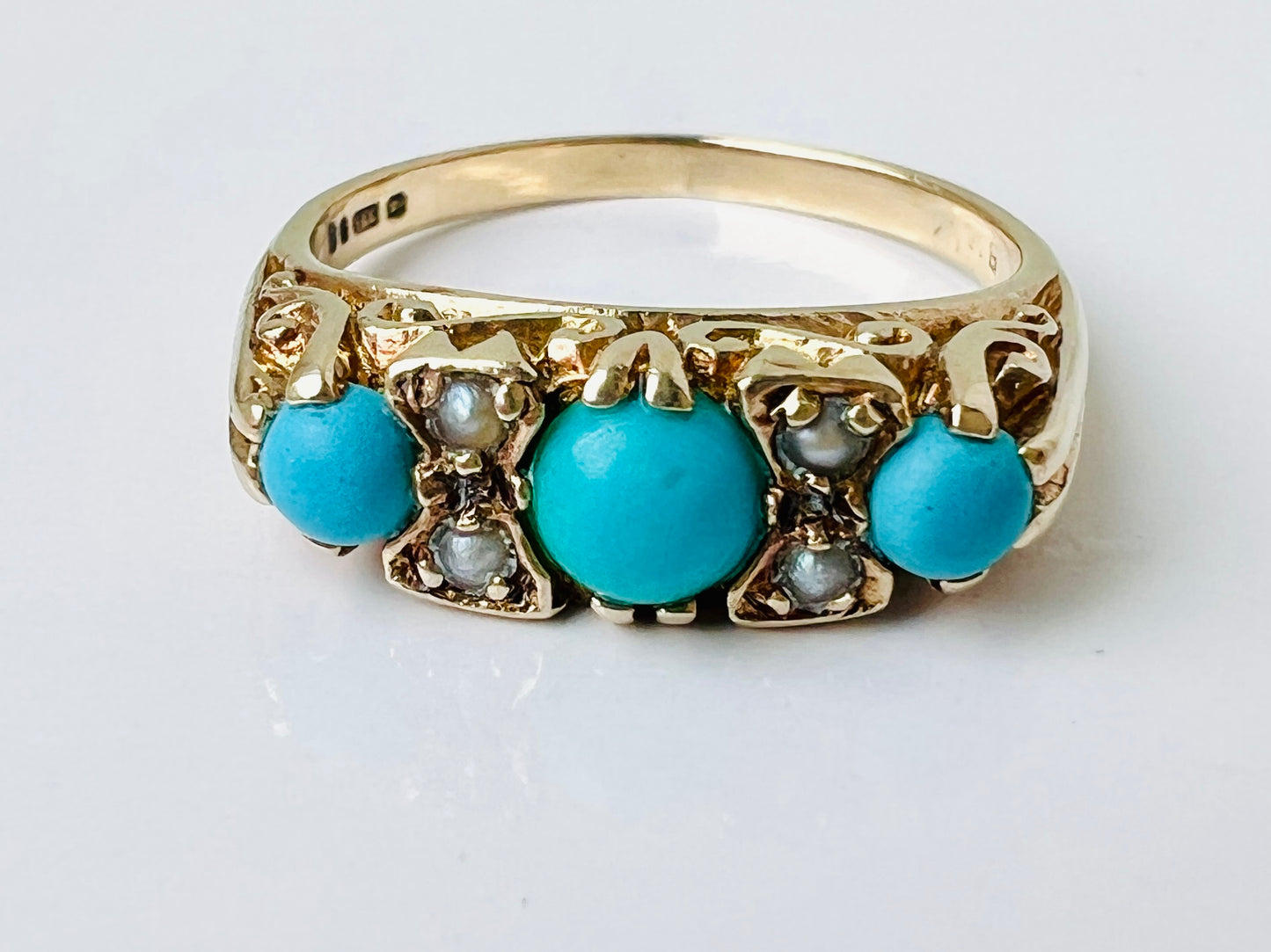 Vintage 9ct Gold Turquoise & Pearl Ring