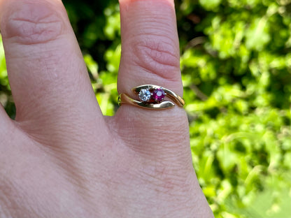Vintage 9ct Gold Toi Et Moi Two Stone Ruby & Diamond Ring