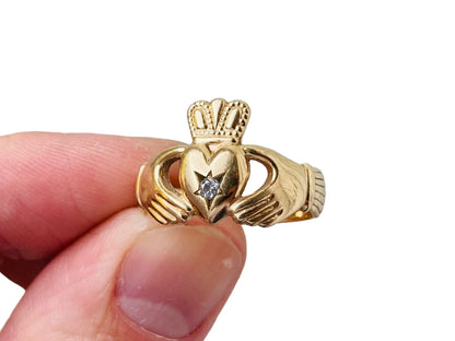 Vintage 9ct Gold Claddagh Diamond Ring