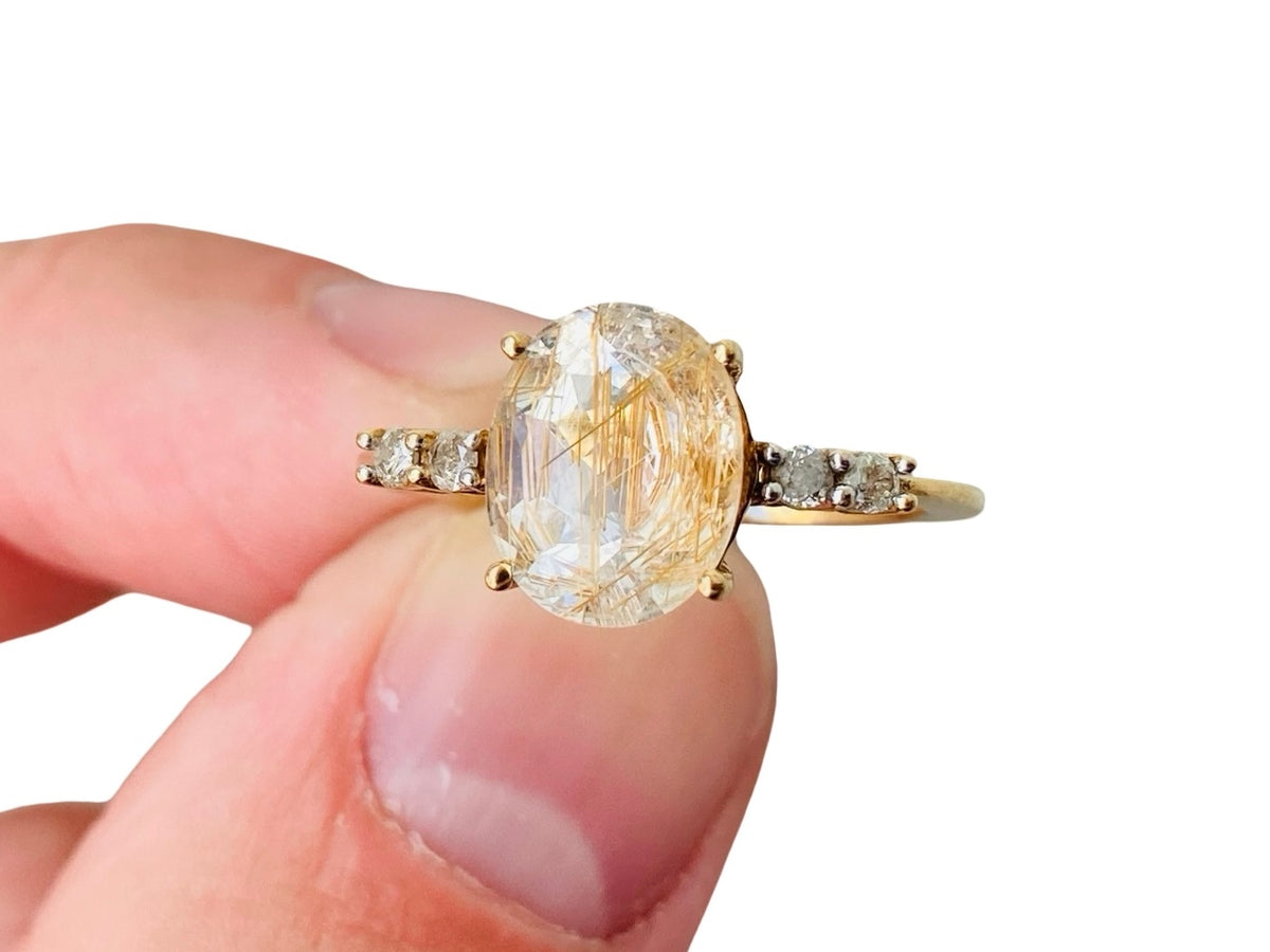 9ct Gold Goldern Rutilated Quartz & Diamond Ring