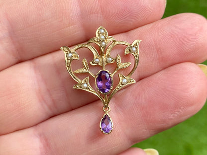 Vintage 9ct Gold Amethyst & Pearl Pendant
