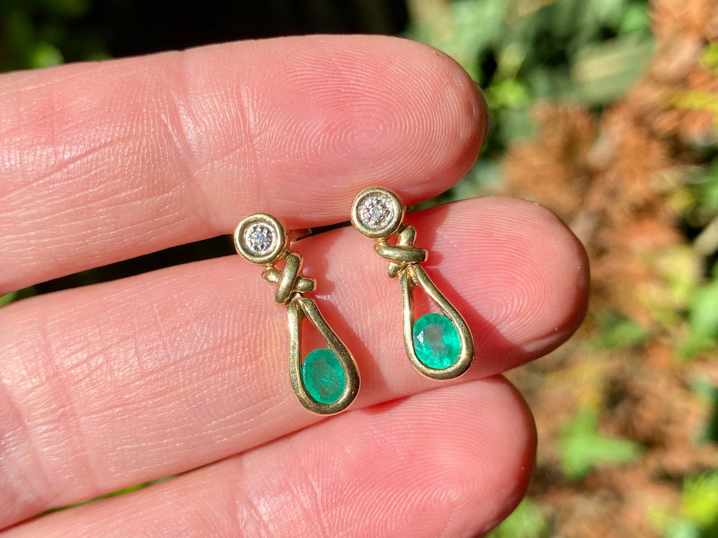 9ct Gold Emerald & Diamond Drop Earrings