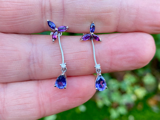 9ct Gold Tanzanite, Amethyst, Garnet & Diamond Earrings