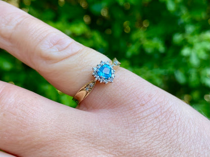 Vintage 9ct Gold Heart Shaped Topaz & Diamond Ring