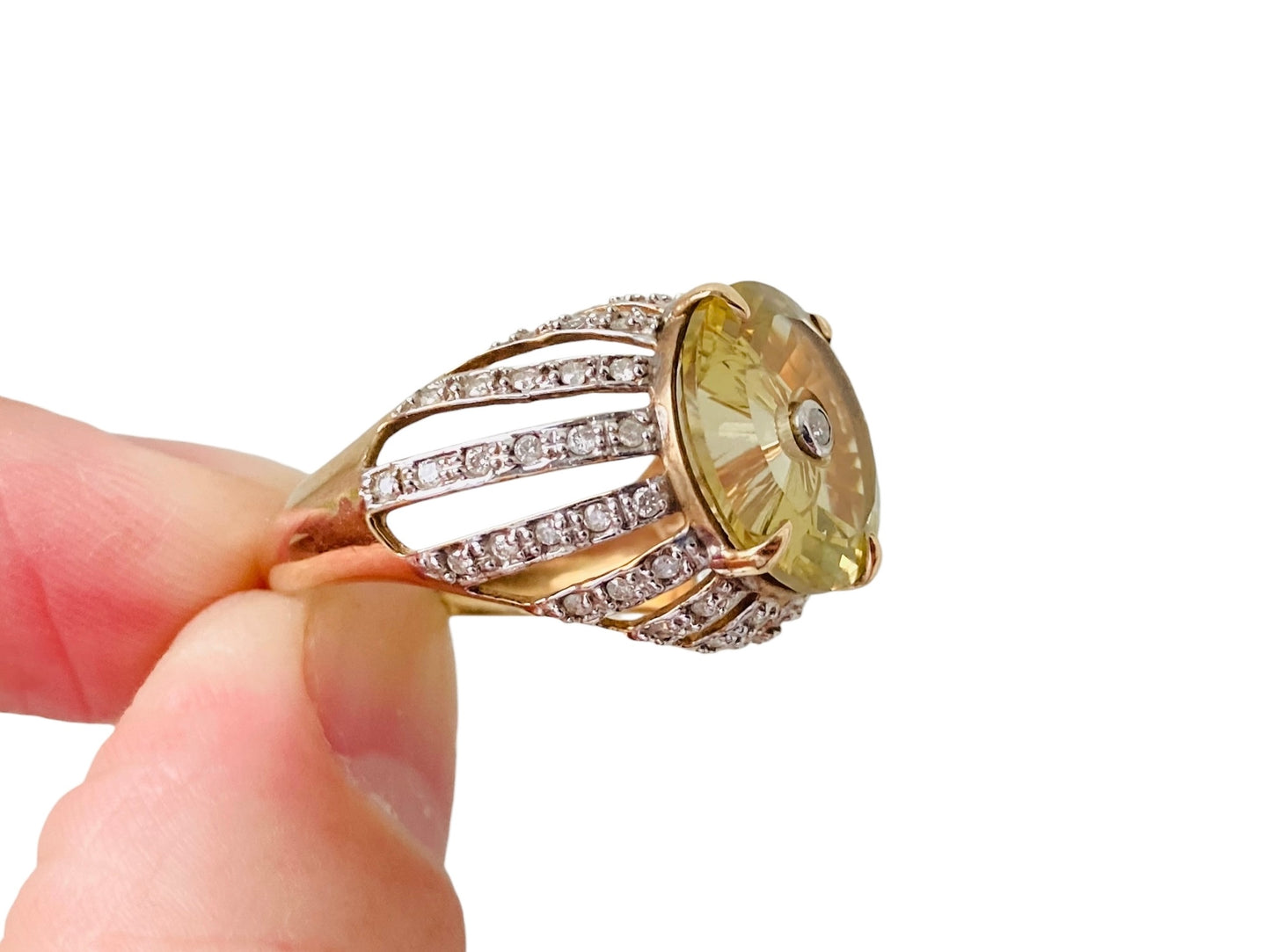 9ct Gold Lemon Quartz & Diamond Lehrer Ring