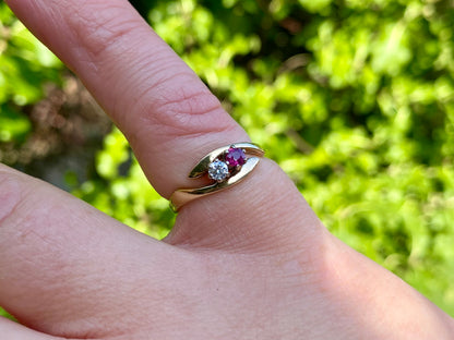 Vintage 9ct Gold Toi Et Moi Two Stone Ruby & Diamond Ring