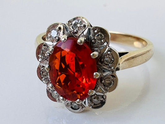 Vintage 9ct Gold Fire Opal & Diamond Ring