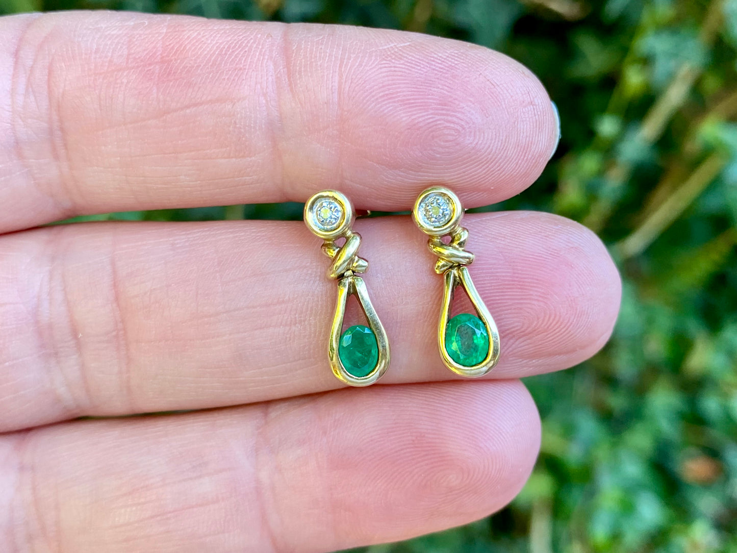 9ct Gold Emerald & Diamond Drop Earrings