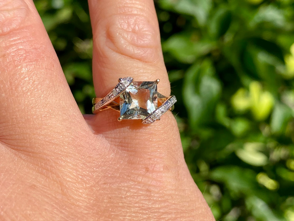 9ct Gold Green Amethyst & Diamond Ring