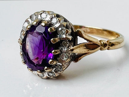 Vintage 9ct Gold Amethyst & Diamond Ring