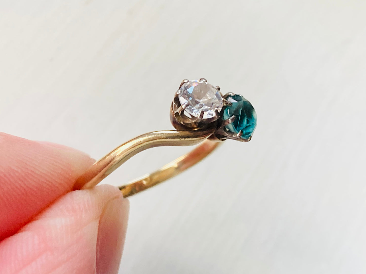 Vintage 9ct Gold Blue Zircon & Paste Toi Et Moi Ring