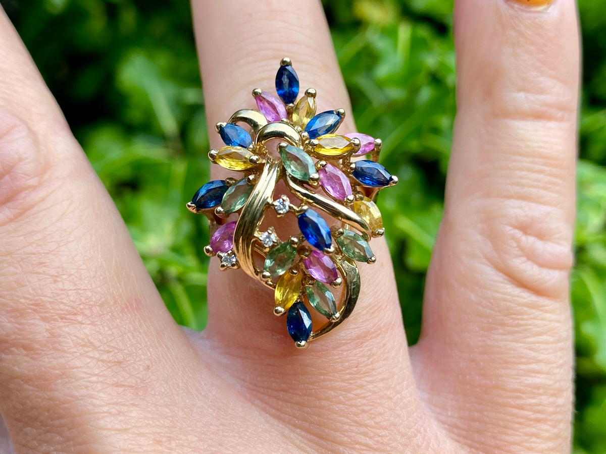 9ct Gold Multi-Coloured Sapphire & Diamond Ring