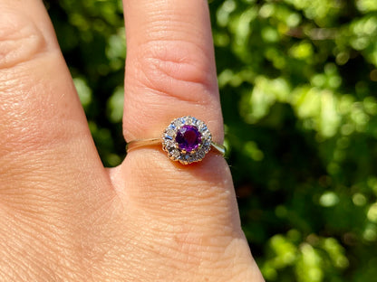 Vintage 9ct Gold Amethyst & Diamond Ring
