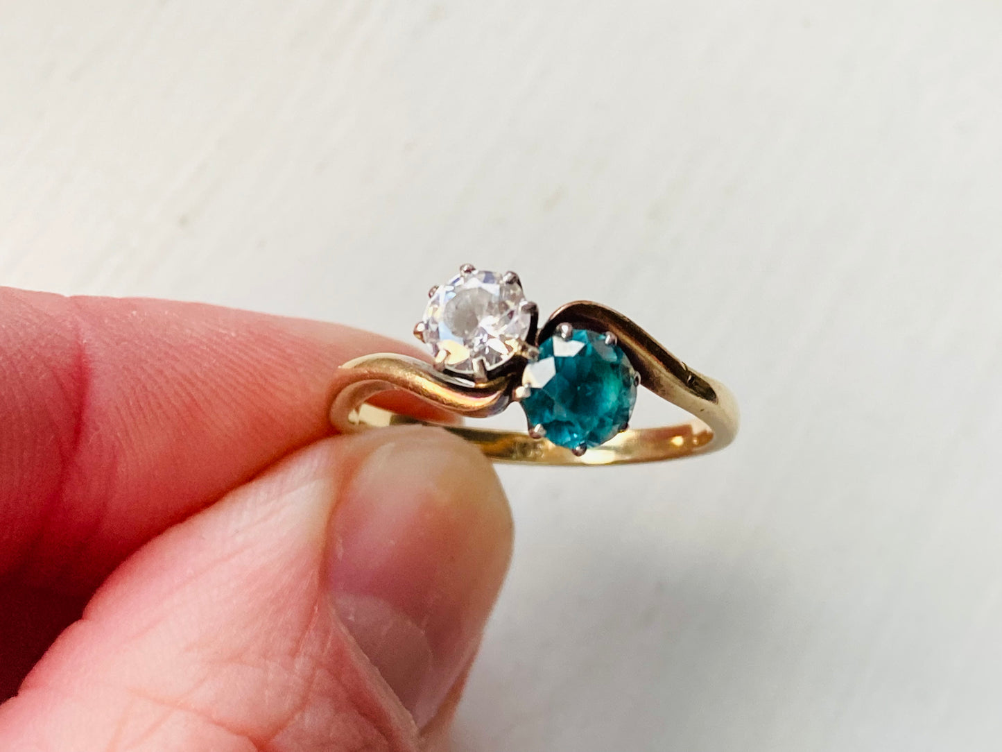 Vintage 9ct Gold Blue Zircon & Paste Toi Et Moi Ring