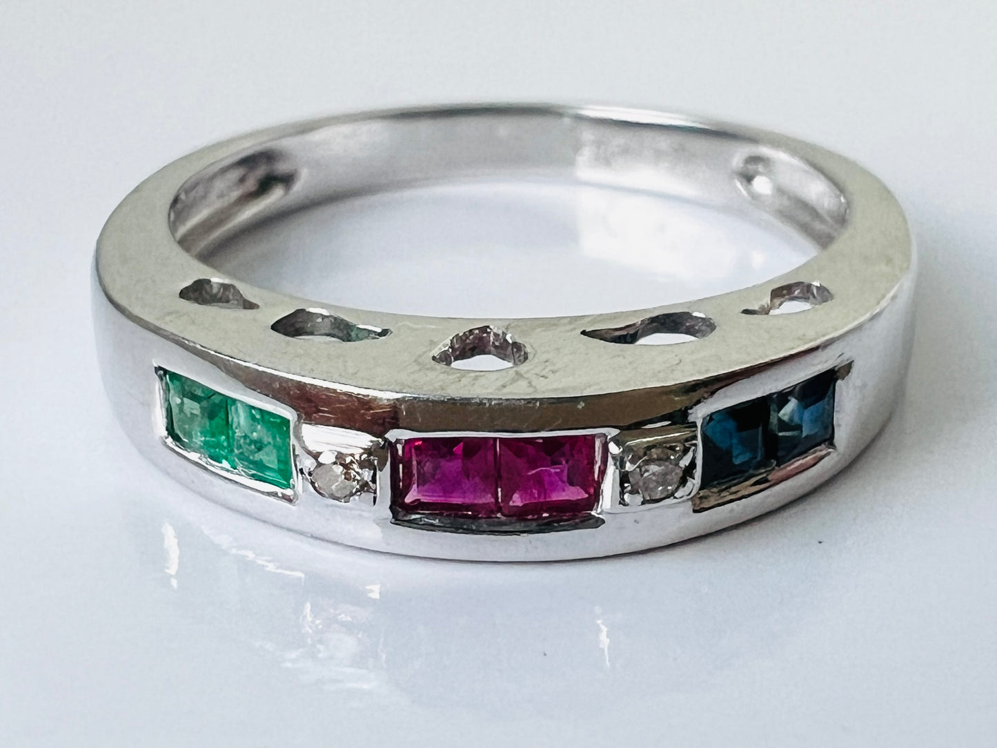 9ct Gold Emerald, Ruby, Sapphire & Diamond Ring