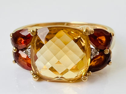 9ct Gold Citrine, Garnet & Diamond Ring