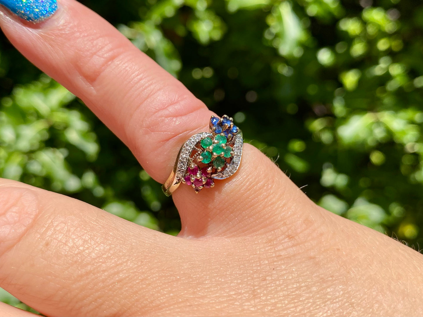 9ct Gold Sapphire, Ruby, Emerald & Diamond Ring