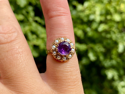 Vintage 9ct Gold Amethyst & Pearl Ring