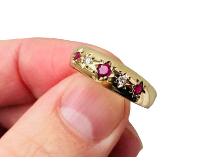 9ct Gold Ruby & Diamond Starburst Gypsy Ring