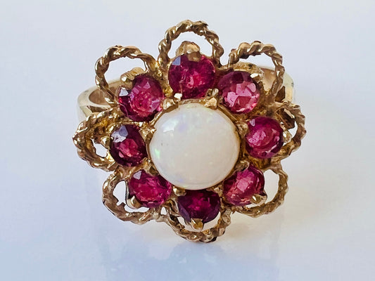 Vintage 9ct Gold Opal & Ruby Ring
