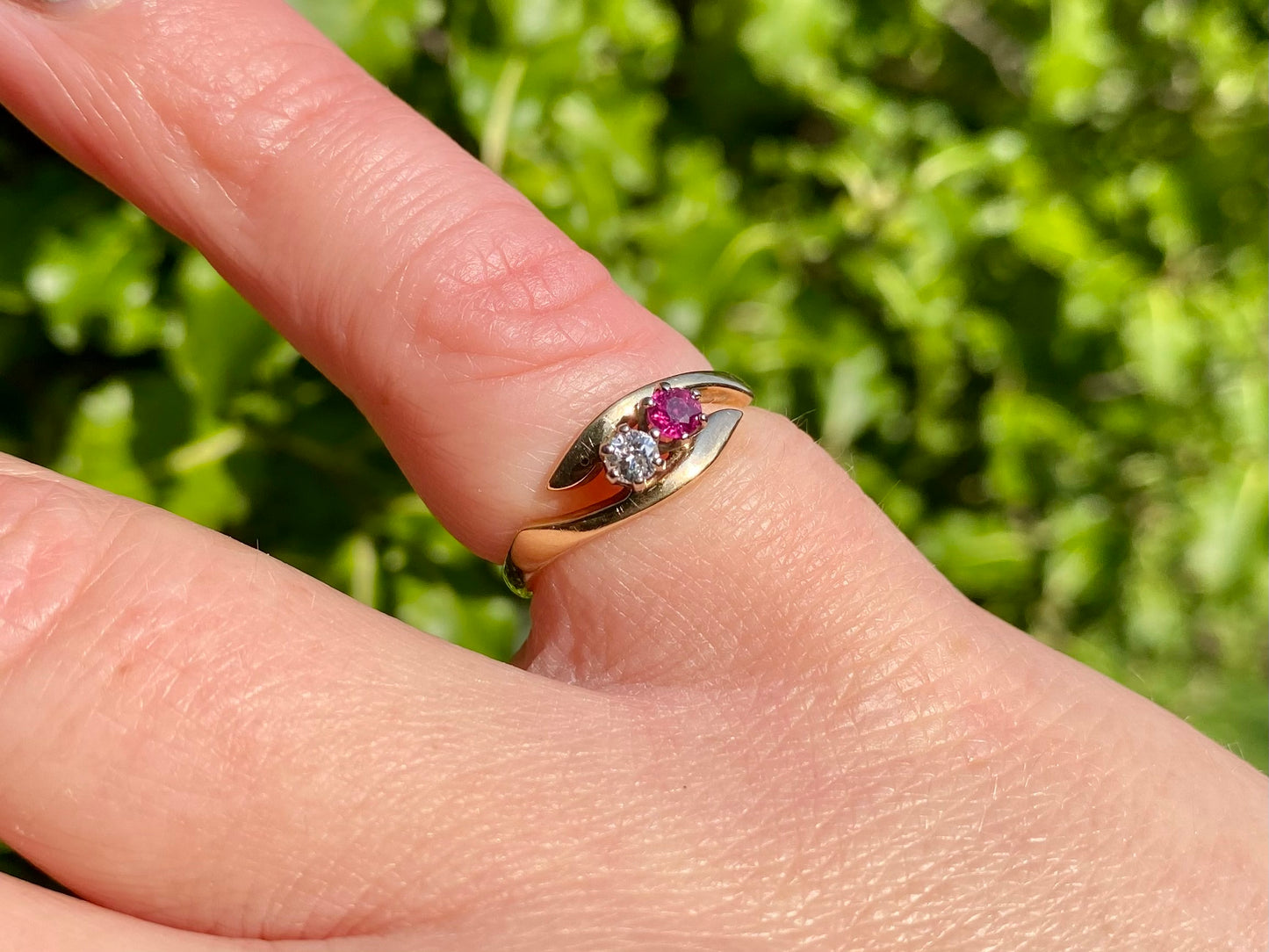 Vintage 9ct Gold Toi Et Moi Two Stone Ruby & Diamond Ring