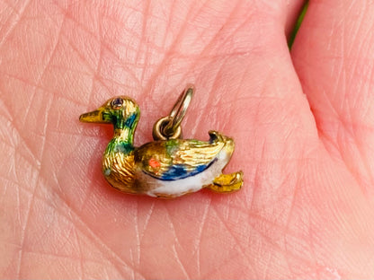 Antique Gold Enamel Duck Pendant / Charm