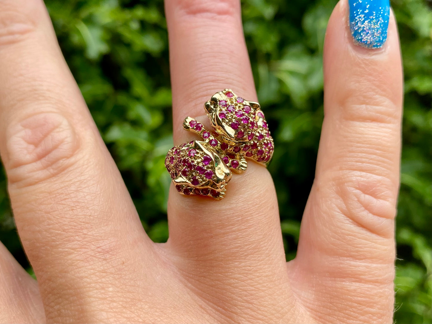 9ct Gold Ruby & Emerald Double Panther Ring